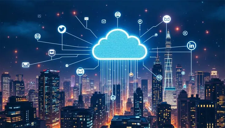 Stadsgezicht met een netwerk van datastromen en pictogrammen die naar een centrale cloud lopen
